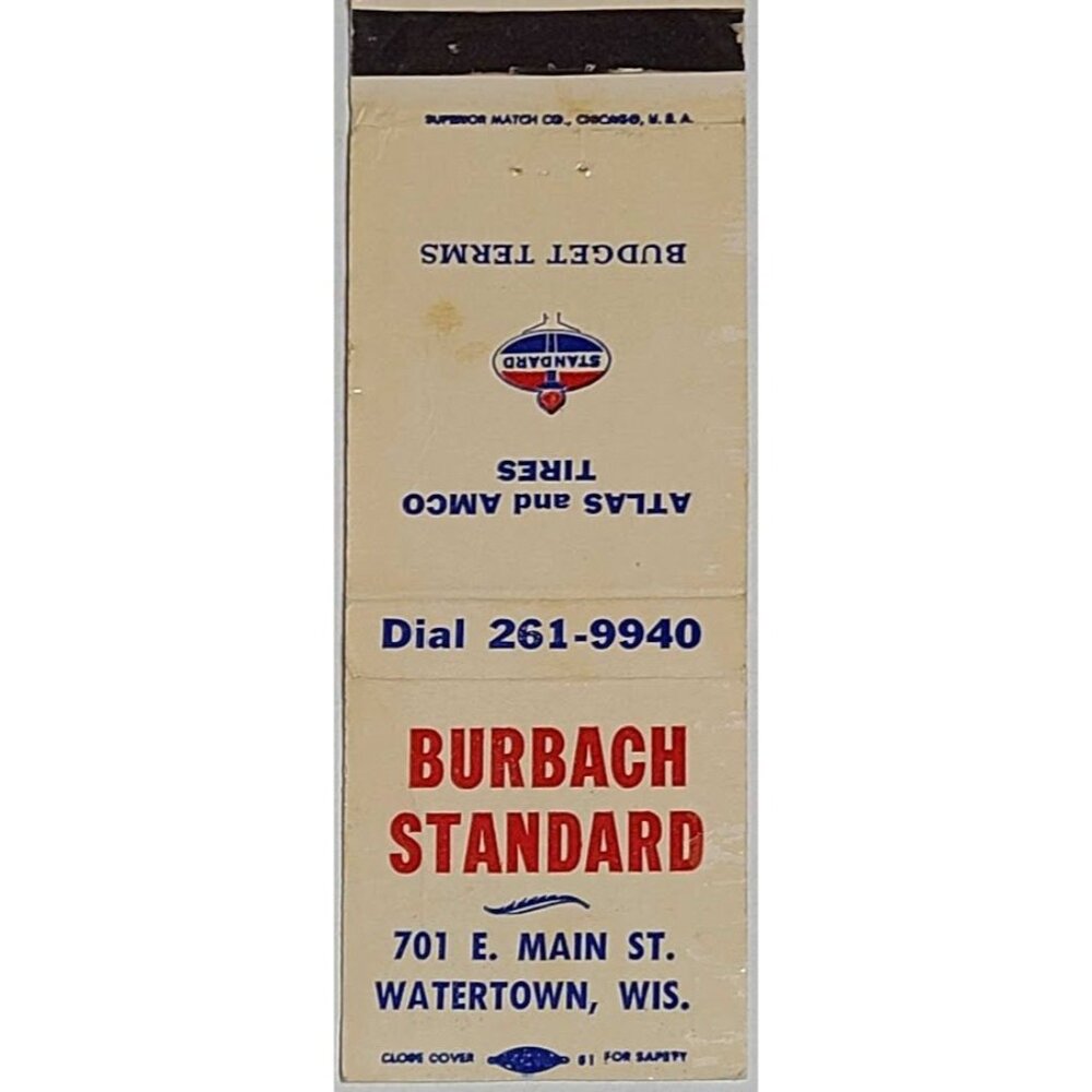 Vintage Matchbook Cover Burbach Standard Watertown WI Wisconsin Atlas Tires - Picture 1 of 5